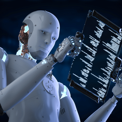 A humanoid robot analyzing a digital display with complex data patterns, symbolizing AI's role in solar panel recycling and decommissioning. The robot's design is sleek and futuristic, set against a dark, technology-themed background.