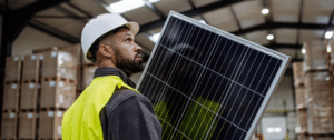 A commercial solar technician in a hard hat and high-visibility vest carefully carries a large solar panel inside an industrial facility, highlighting the scale and professionalism of solar panel recycling operations.