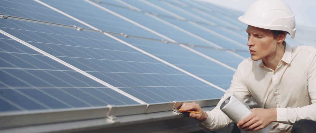 A commercial solar technician in a white hard hat carefully inspects a row of solar panels, holding a rolled-up blueprint and pencil, highlighting the importance of proper solar panel disposal and compliance.