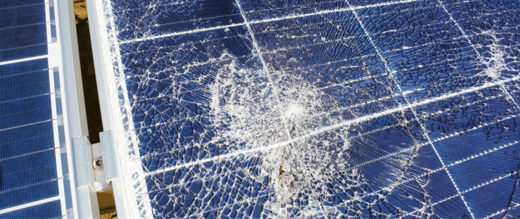 Close-up of a broken solar panel with shattered glass and visible cracks, highlighting the need for safe handling and professional recycling of damaged photovoltaic equipment.