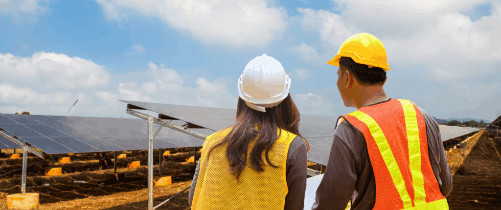 Two solar industry professionals in hard hats and safety vests stand in front of a large commercial solar panel array, examining the installation under a bright blue sky, representing responsible end-of-life management and recycling for commercial solar projects.