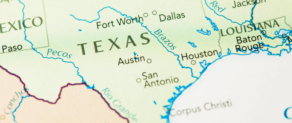 Close-up map of Texas highlighting major cities such as Austin, Dallas, Houston, Fort Worth, and San Antonio, with clear state borders and surrounding regions, visually representing the geographic focus for commercial solar panel recycling services.